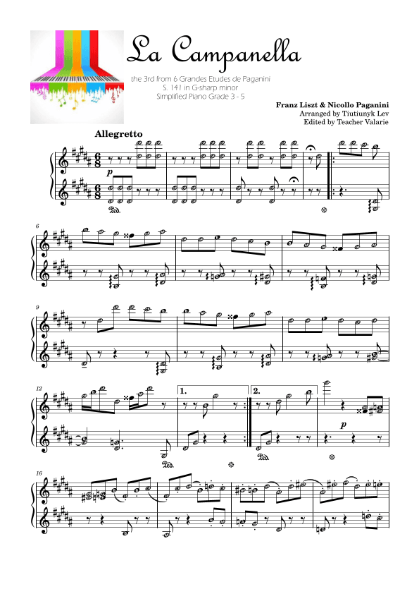 La Campanella - SImplified for Grade 3 - 5 Piano with note names Self Learning Series (arr. Published Harmony Valarie)
