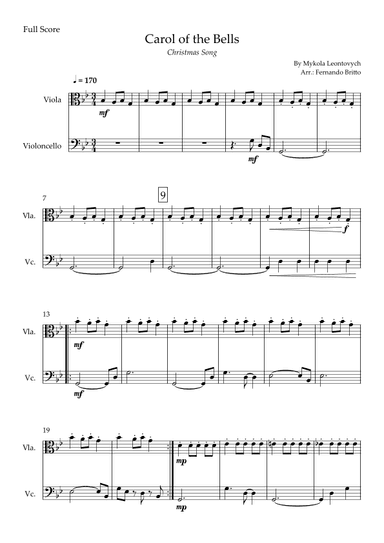Carol of the Bells in Jazz Version (Christmas Song) for Viola & Cello Duo (arr. Fabio Britto)