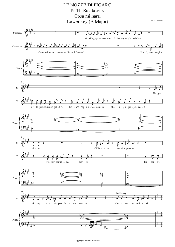 Recitativo. "Cosa mi narri" and Duetto "Sull'aria?" from "Le Nozze Di Figaro" Lower key A-G maj (arr. Score Animations)