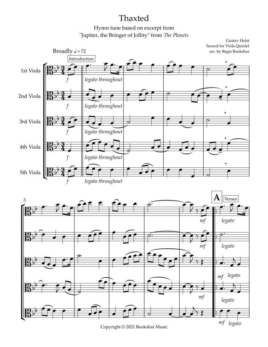 Thaxted (hymn tune based on excerpt from "Jupiter" from The Planets) (Bb) (Viola Quintet) (arr. Regis Bookshar)