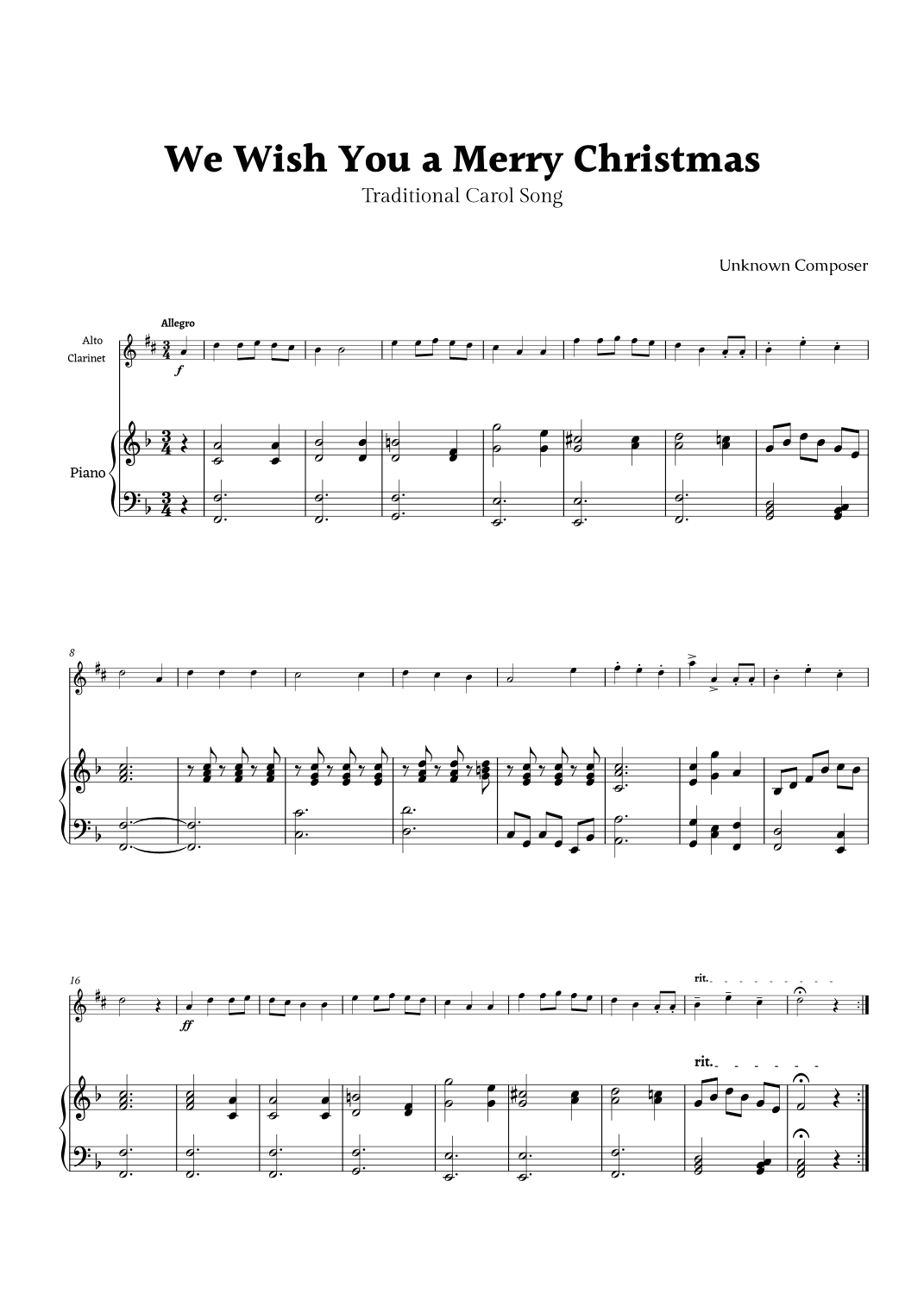 We Wish you a Merry Christmas for Alto Clarinet and Piano (arr. Rika K.)