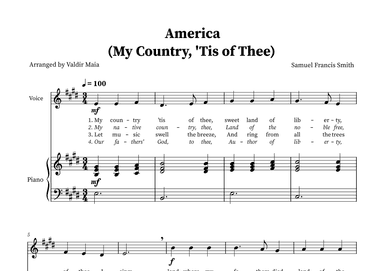 America (My Country, 'Tis of Thee) - Voice and Piano in E (arr. Valdir Maia)
