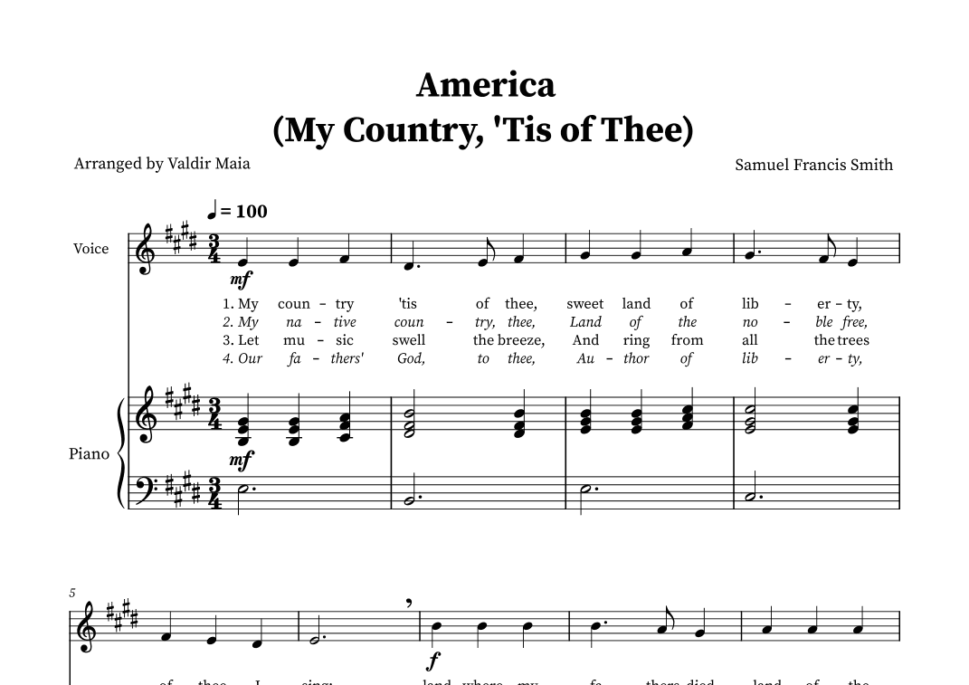 America (My Country, 'Tis of Thee) - Voice and Piano in E (arr. Valdir Maia)