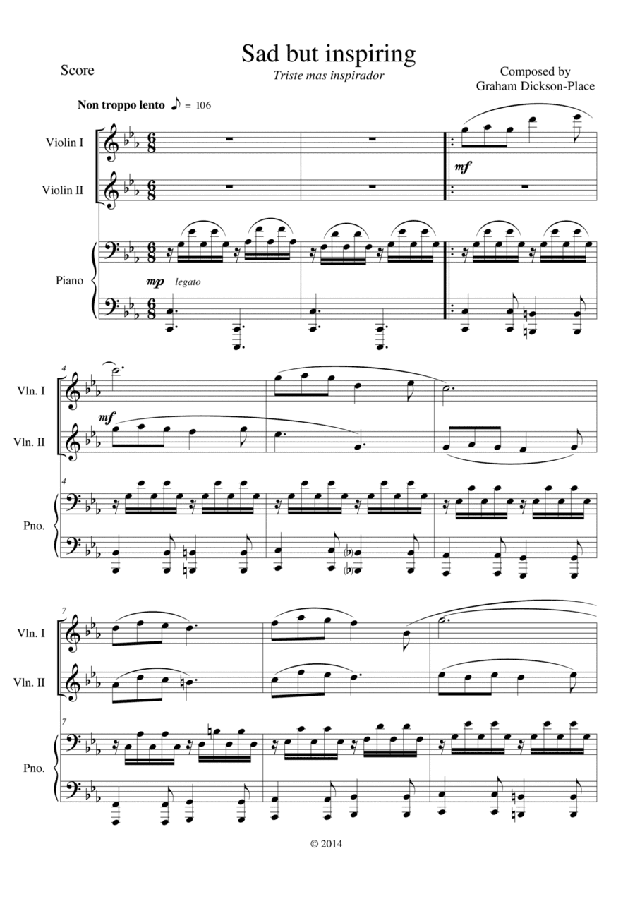 Sad but inspiring - A trio for two violins and piano - Composed by Graham Diockson-Place - Level ear
