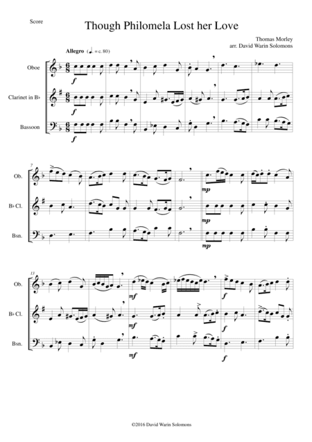 Though Philomela Lost Her Love for wind trio (oboe, clarinet, bassoon) (arr. David Warin Solomons)