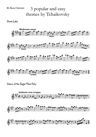 3 popular and easy themes by Tchaikovsky with accompaniment and chord symbols for B? Bass Clarinet (arr. Leyandder Trustworthy)