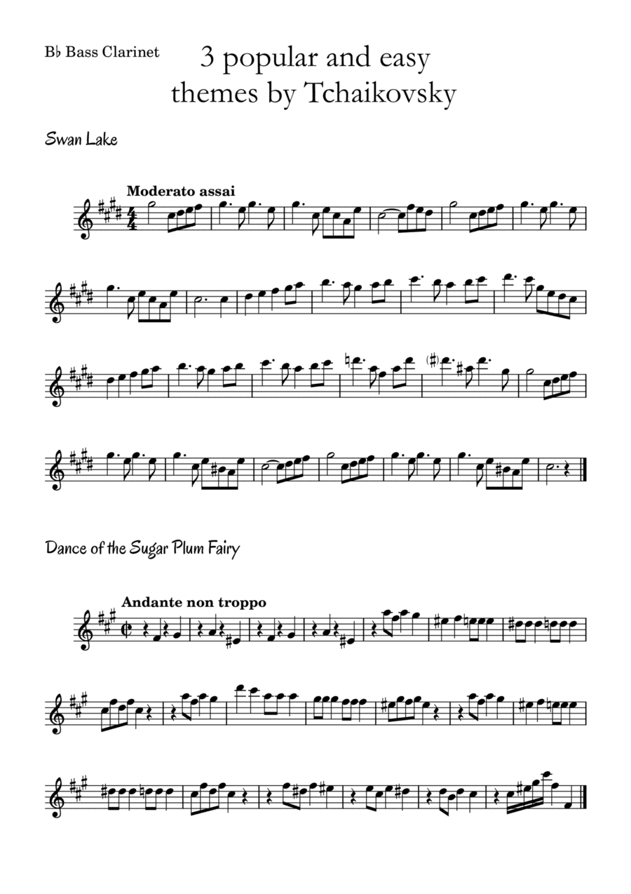 3 popular and easy themes by Tchaikovsky with accompaniment and chord symbols for B? Bass Clarinet (arr. Leyandder Trustworthy)