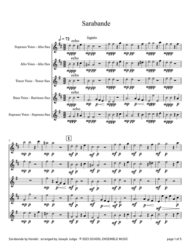 Sarabande by Handel for Saxophone Quartet in Schools (arr. Joseph Judge)