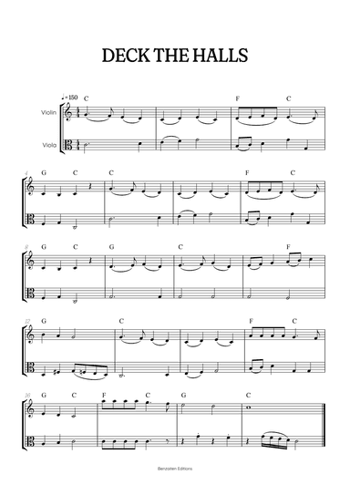 Deck the Halls for violin and viola duet • intermediate Christmas song sheet music with chords (arr. Benzaiten Editions)