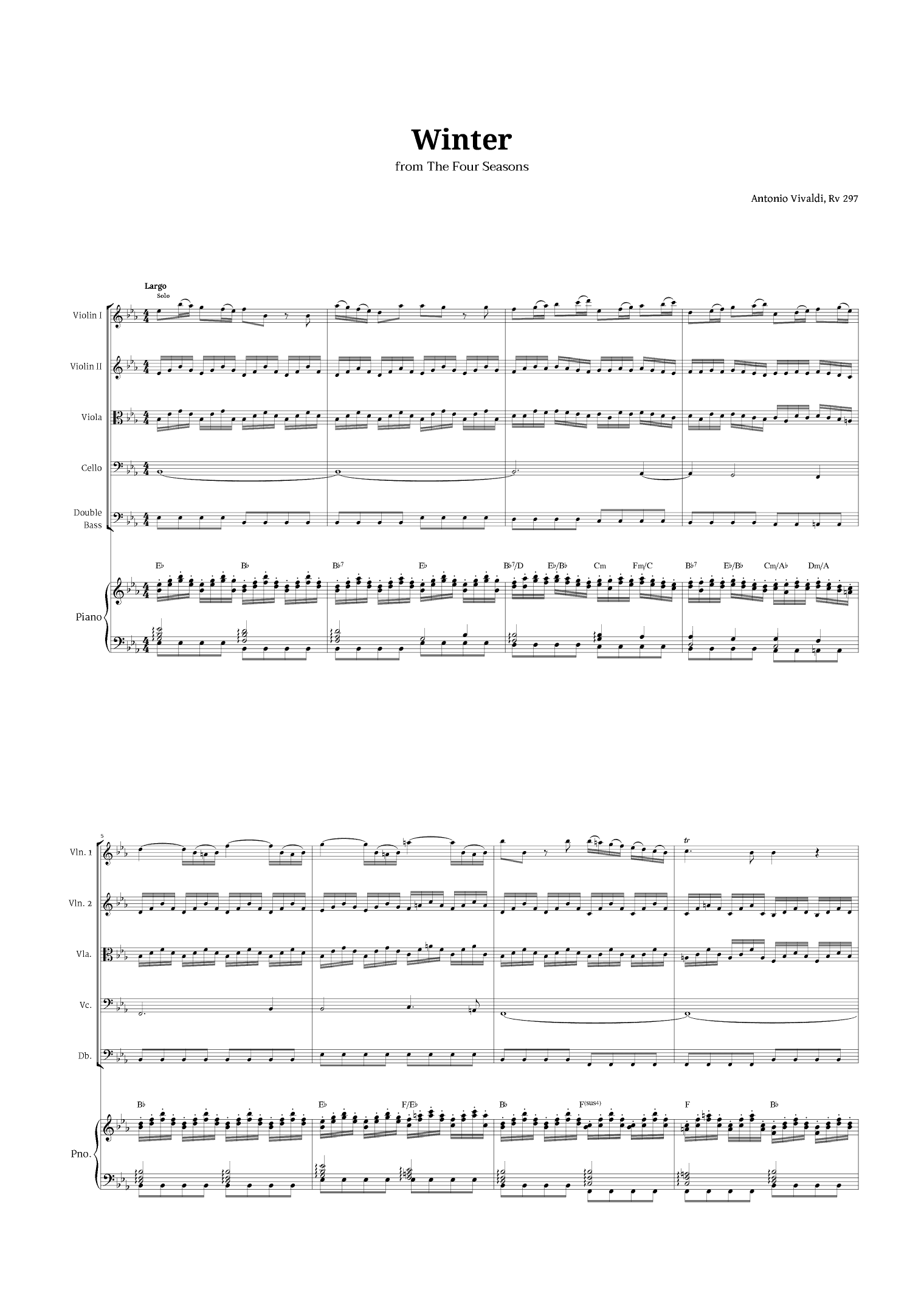 Largo from Winter by Vivaldi for String Quintet and Piano with Chords (arr. Langanho)