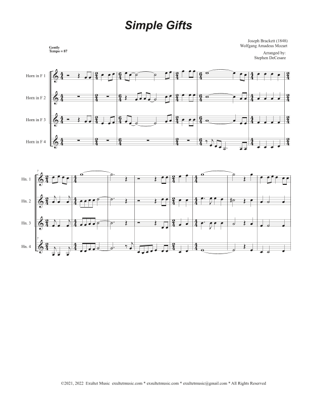 Simple Gifts (French Horn Quartet and Piano) (arr. Stephen DeCesare)