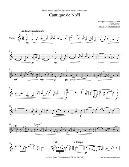O Holy Night; Cantique de Noel - Solo Violin (arr. Anne L Christopherson GRSM ARCM)