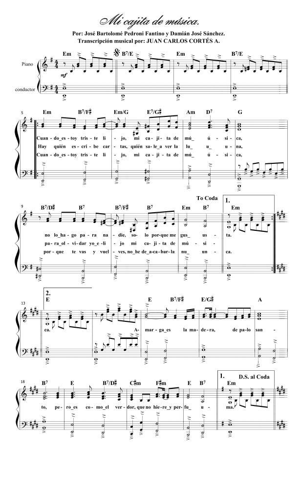 Mi cajita de música. Por: José Bartolomé Pedroni Fantino y Damián José Sánchez. (arr. Juan Carlos Cortés Aguirre)