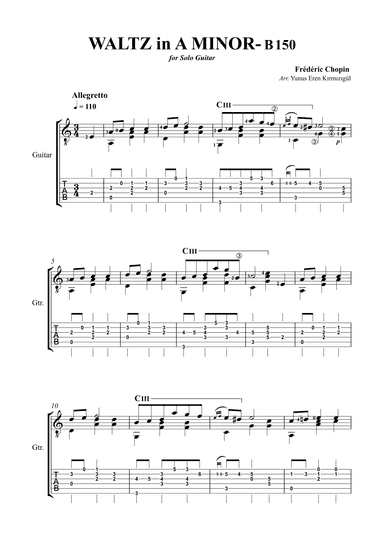 Chopin Waltz in A Minor- B150 for Solo Guitar (arr. Yunus Eren Kırmızıgül)