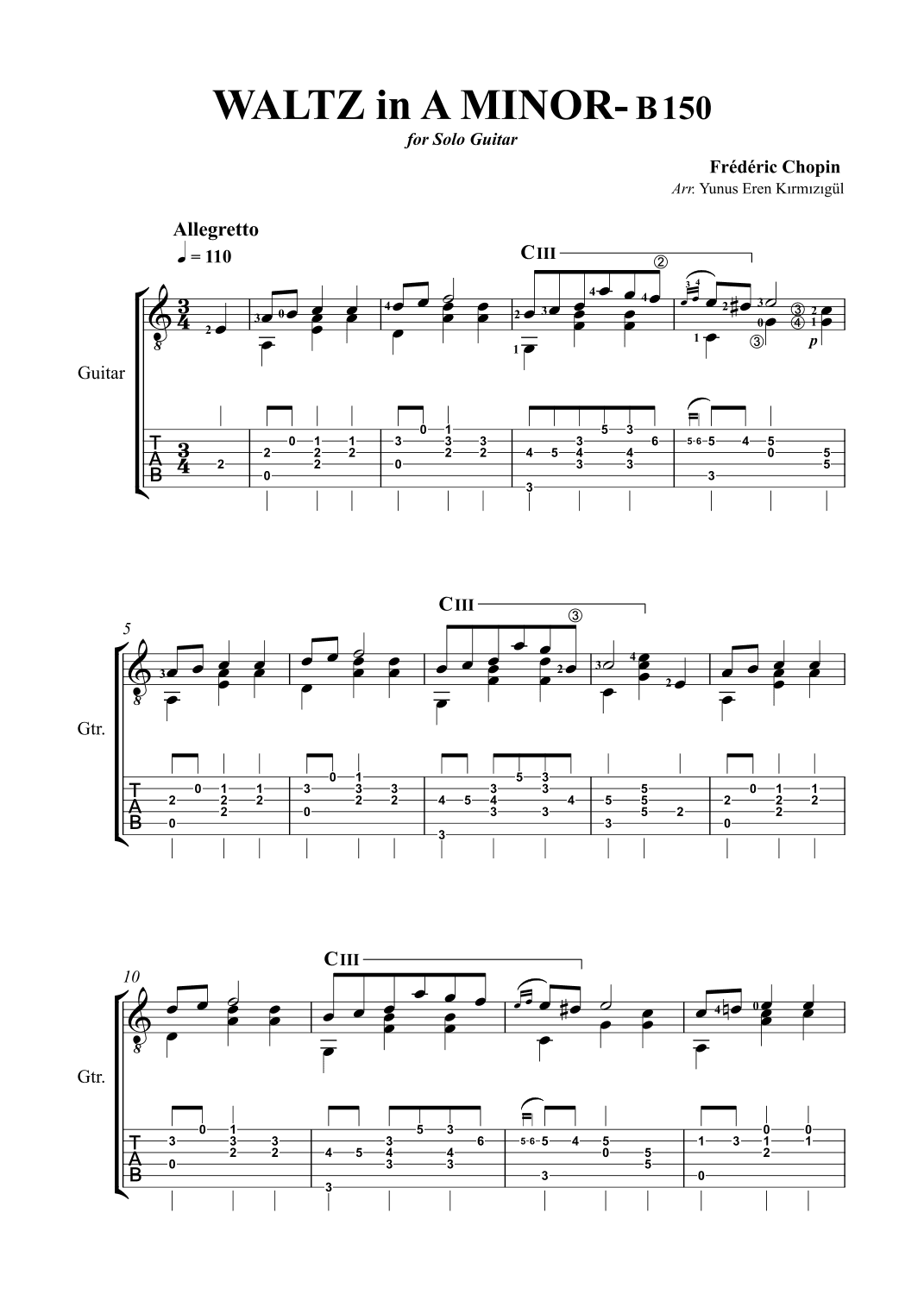 Chopin Waltz in A Minor- B150 for Solo Guitar (arr. Yunus Eren Kırmızıgül)