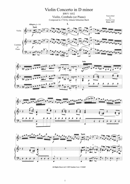 Bach - Violin Concerto in D minor BWV 1052 for Violin and Cembalo (or Piano) (arr. Santino Cara)