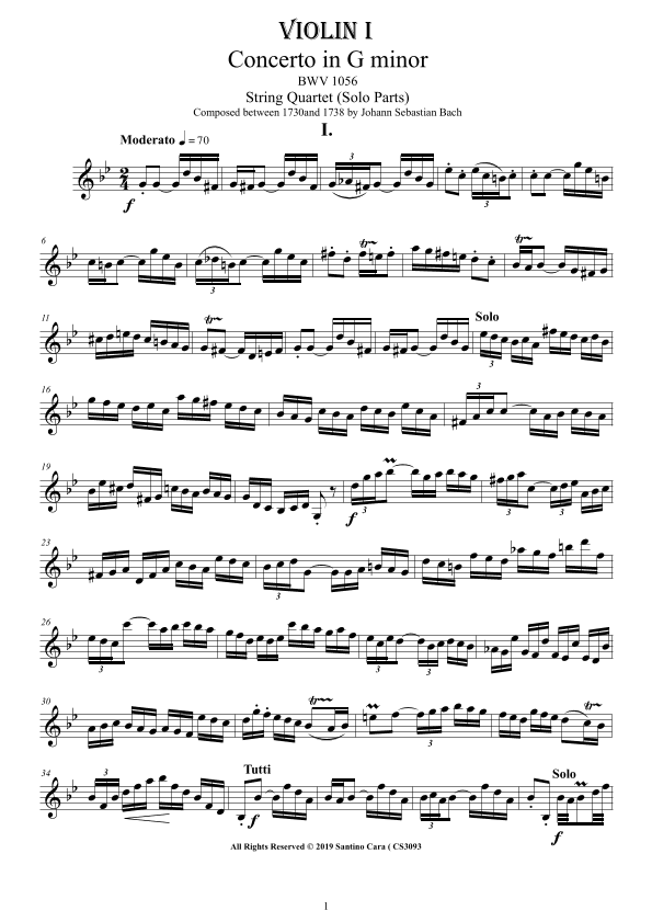 Bach - Concerto in G minor BWV 1056 for String Quartet - Complete Parts (arr. Santino Cara)