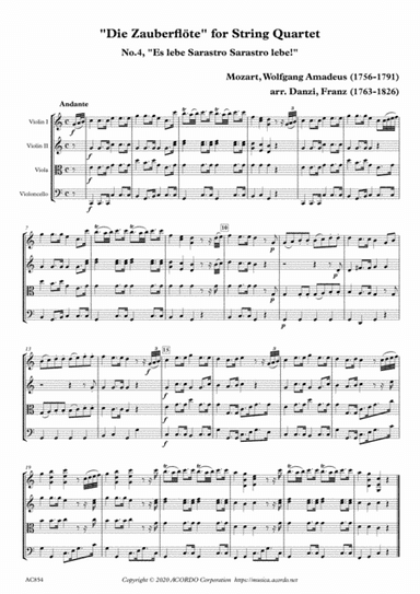 "Die Zauberflöte" for String Quartet, No.4, "Es lebe Sarastro Sarastro lebe!" (arr. Danzi, Franz Ignaz (1763-1826))