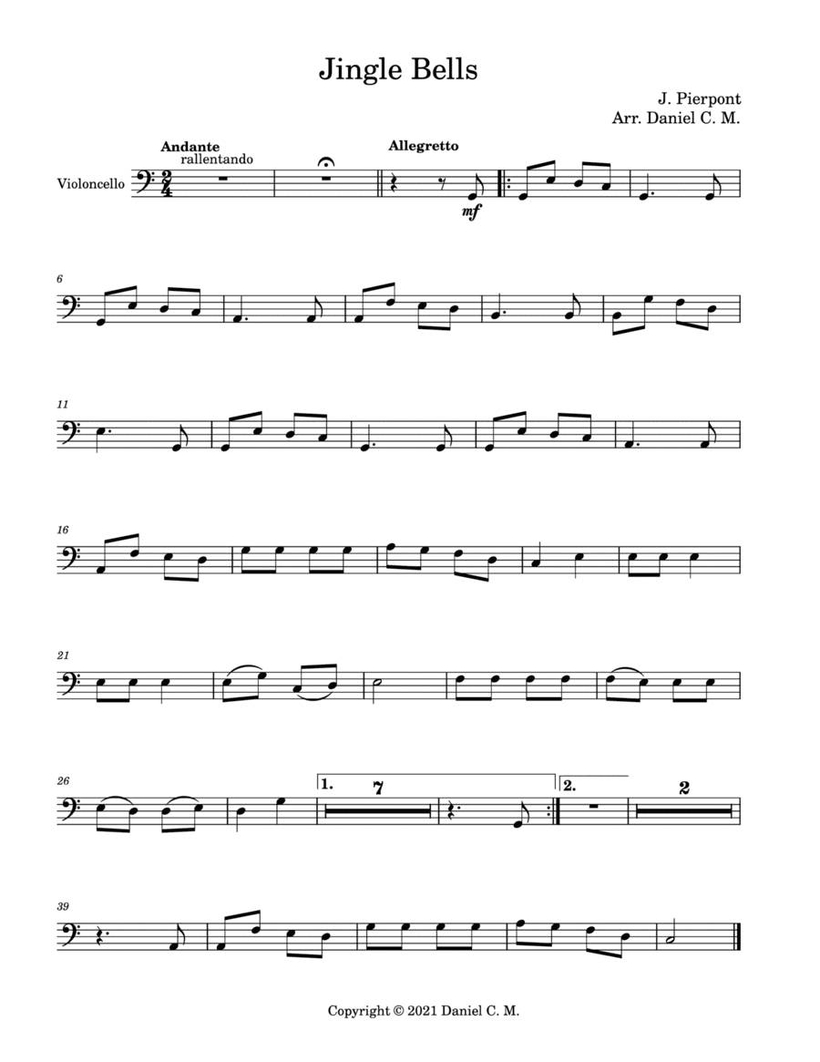 Jingle Bells for cello and piano (easy) (arr. Daniel C. M.)