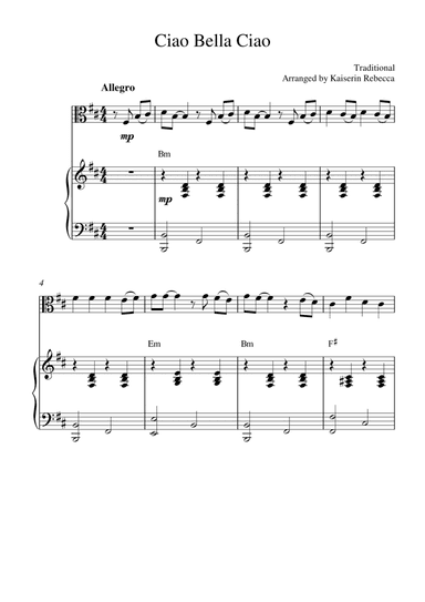 Ciao Bella Ciao (for viola solo and piano accompaniment) (arr. Kaiserin Rebecca)