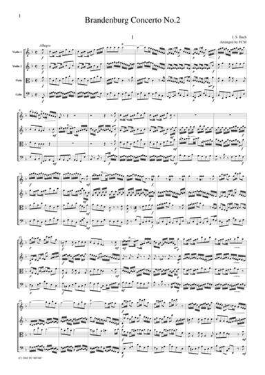 J.S.Bach  Brandenburg Concerto No.2, all mvts., BWV1047, for string quartet, CB214 (arr. FCMUSIC)