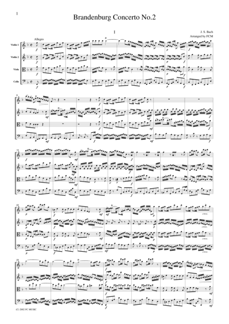 J.S.Bach  Brandenburg Concerto No.2, all mvts., BWV1047, for string quartet, CB214 (arr. FCMUSIC)