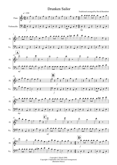Drunken Sailor for Flute and Cello Duet (arr. David Burndrett)