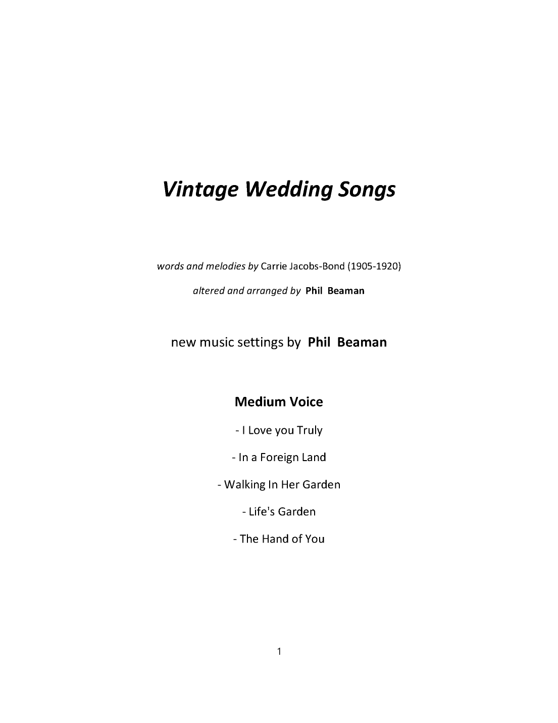 Vintage Wedding Songs - medium voice/piano (arr. Phil Beaman)