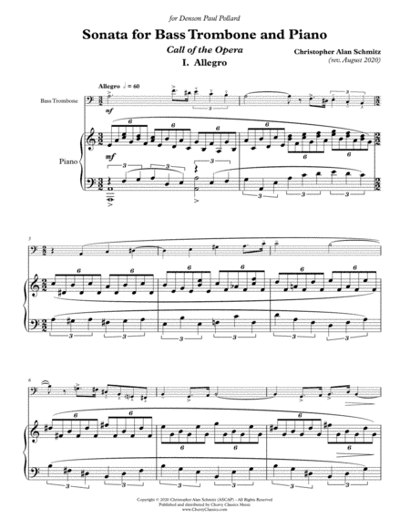 Sonata for Bass Trombone and Piano, Call of the Opera (2019)