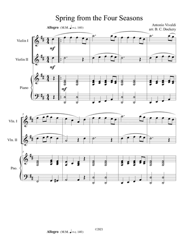 Spring from the Four Seasons (Violin Duet) with piano accompaniment (arr. B. C. Dockery)