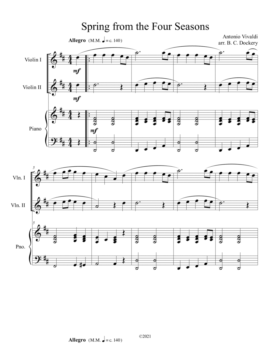 Spring from the Four Seasons (Violin Duet) with piano accompaniment (arr. B. C. Dockery)