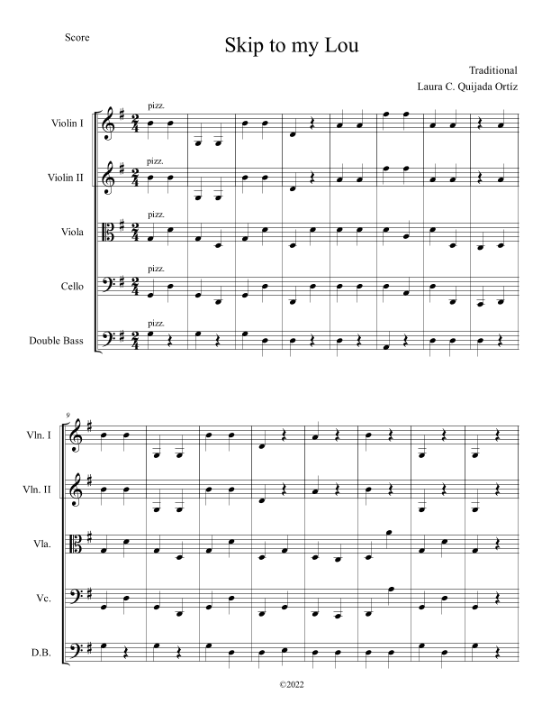 Skip to my Lou. Open strings and first finger. Score and parts. (arr. Laura C. Quijada Ortíz)