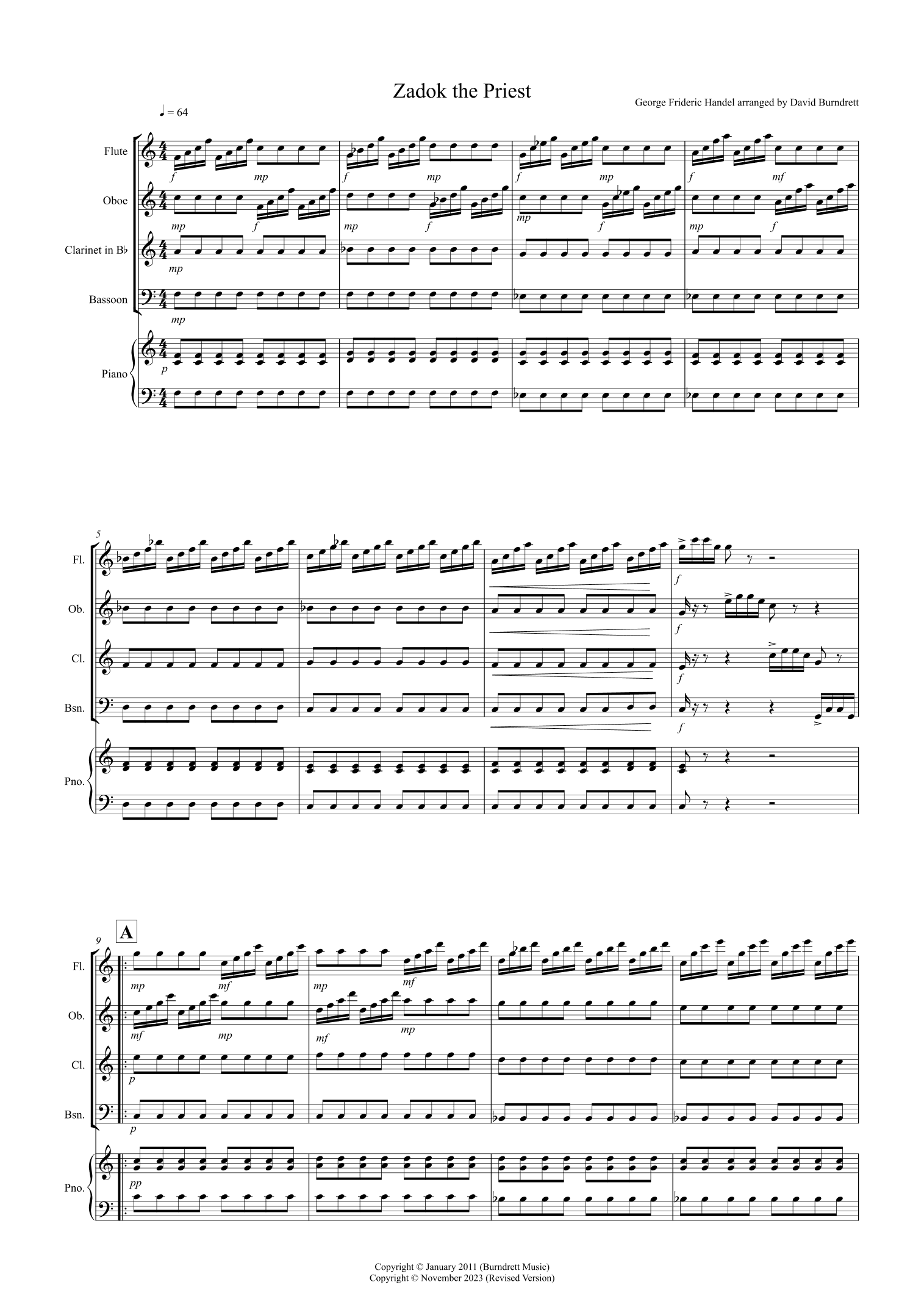Zadok the Priest for Wind Quartet (arr. David Burndrett)