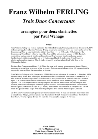 Franz Wilhelm Ferling: 3 Duos Concertants Op. 13, arranged for two clarinets by Paul Wehage (arr. Paul Wehage)