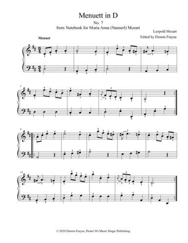 Menuett in D, No. 7 from Notebook for Maria Anna (Nannerl) Mozart (arr. Presto! It's Music Magic Publishing)