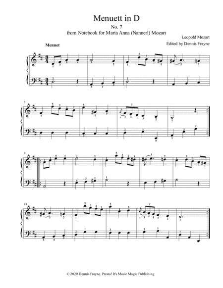 Menuett in D, No. 7 from Notebook for Maria Anna (Nannerl) Mozart (arr. Presto! It's Music Magic Publishing)