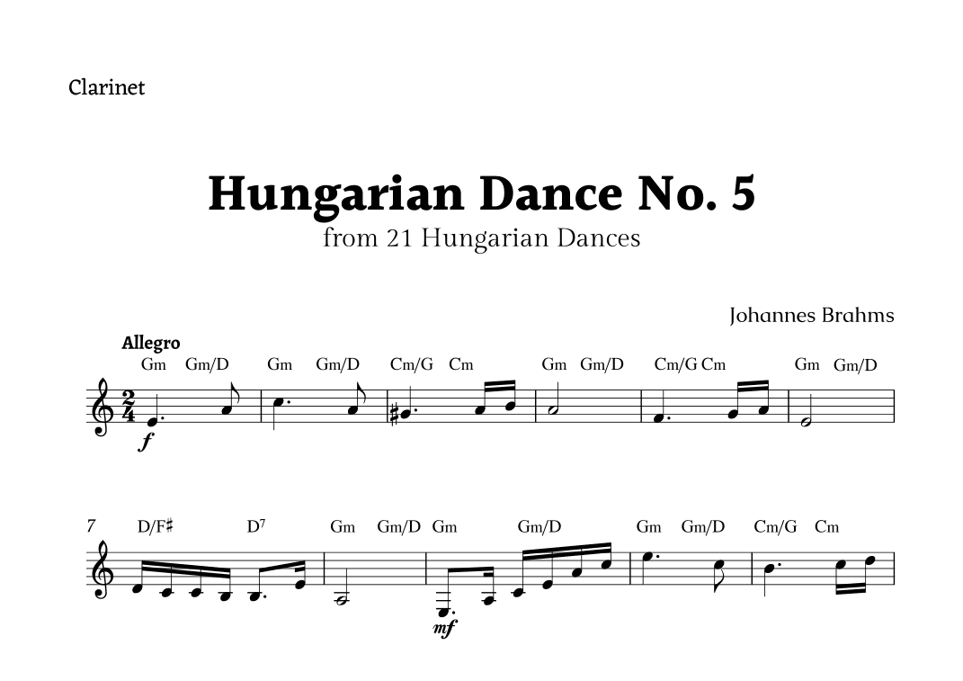 Hungarian Dance No. 5 by Brahms for Clarinet Solo with Chords (arr. Rika K.)