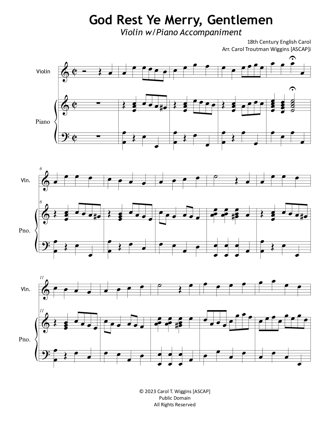 God Rest Ye Merry, Gentlemen (Violin w/Piano Accompaniment) (arr. Carol Troutman Wiggins)