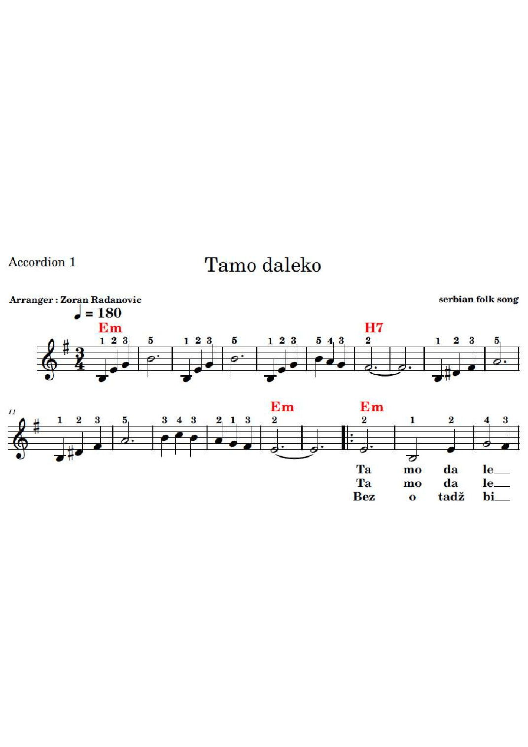Tamo daleko - for accordion duet (arr. Zoran Radanovic)