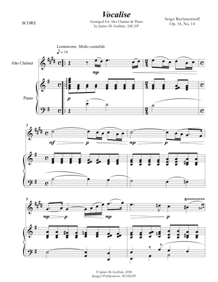 Rachmaninoff: Vocalise for Alto Clarinet & Piano (arr. James M. Guthrie, ASCAP)