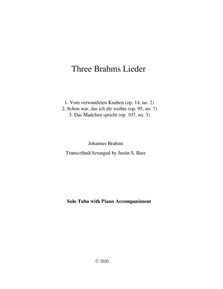 Three Brahms Lieder (Solo Tuba with Piano) (arr. Justin S. Bare)