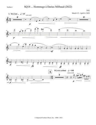 SQ18 ... Hommage à Darius Milhaud (2023) Violin I part