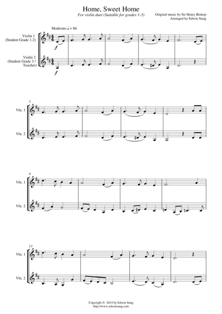 Home, Sweet Home (for violin duet, suitable for grades 1-3) (arr. Edwin Sung)