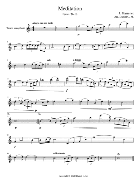 Meditation for tenor saxophone and piano (easy) (arr. Daniel C. M)