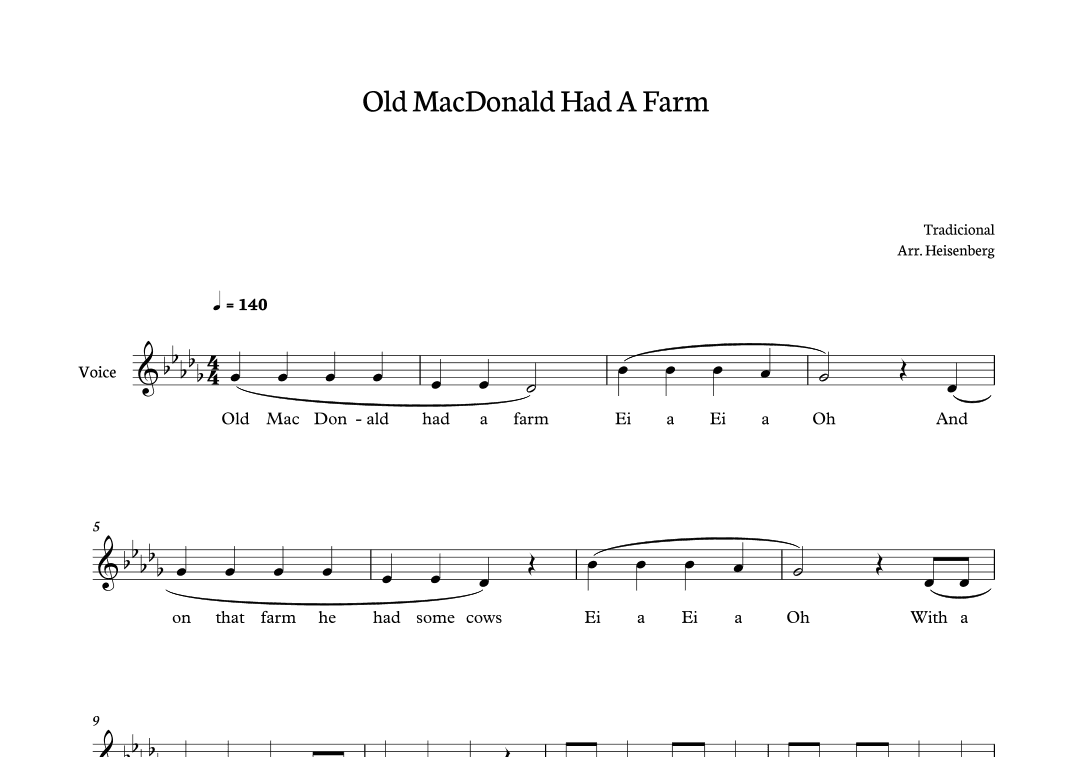 Old MacDonald Had a Farm for voice in Db major (arr. Heisenberg)