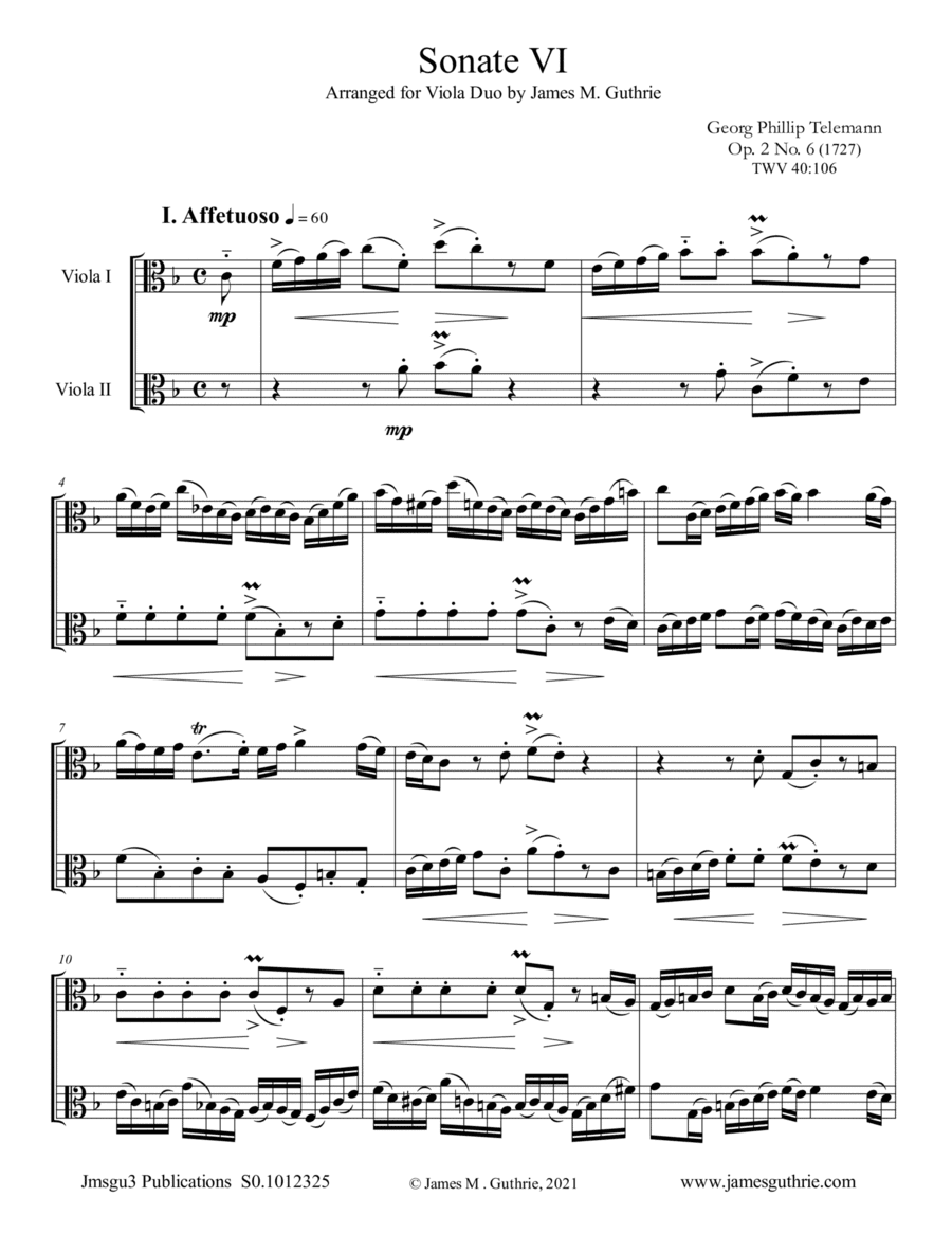 Telemann: Sonata Op. 2 No. 6 for Viola Duo (arr. James M. Guthrie)