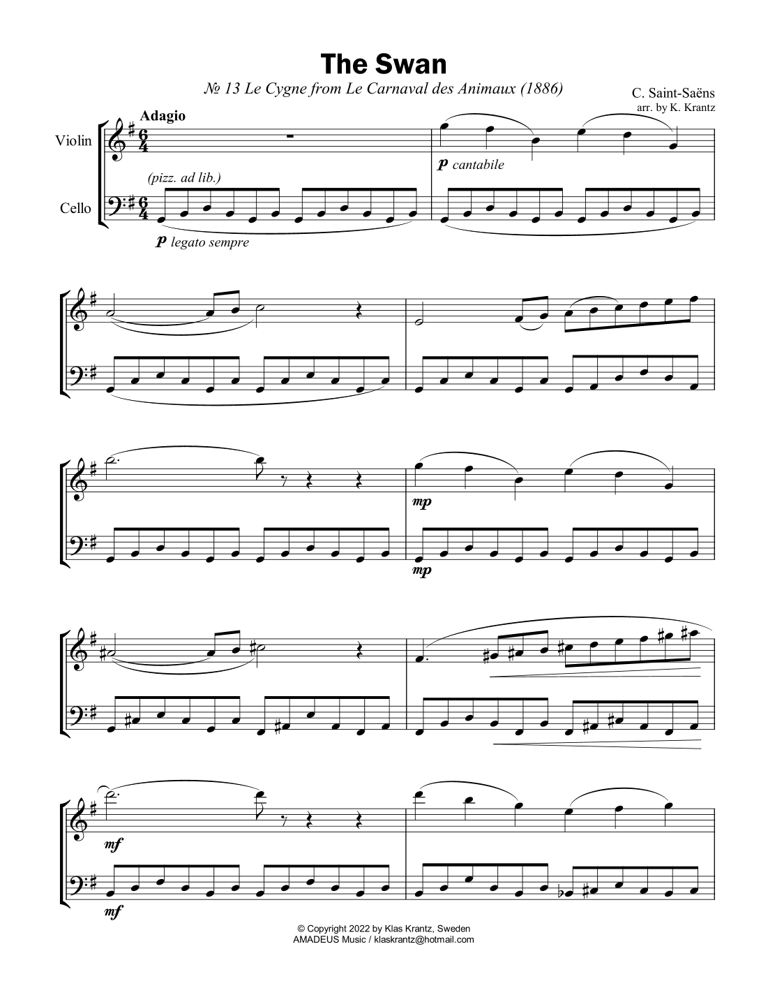 The Swan / Le cygne for flute or violin and cello (arr. K. Krantz)