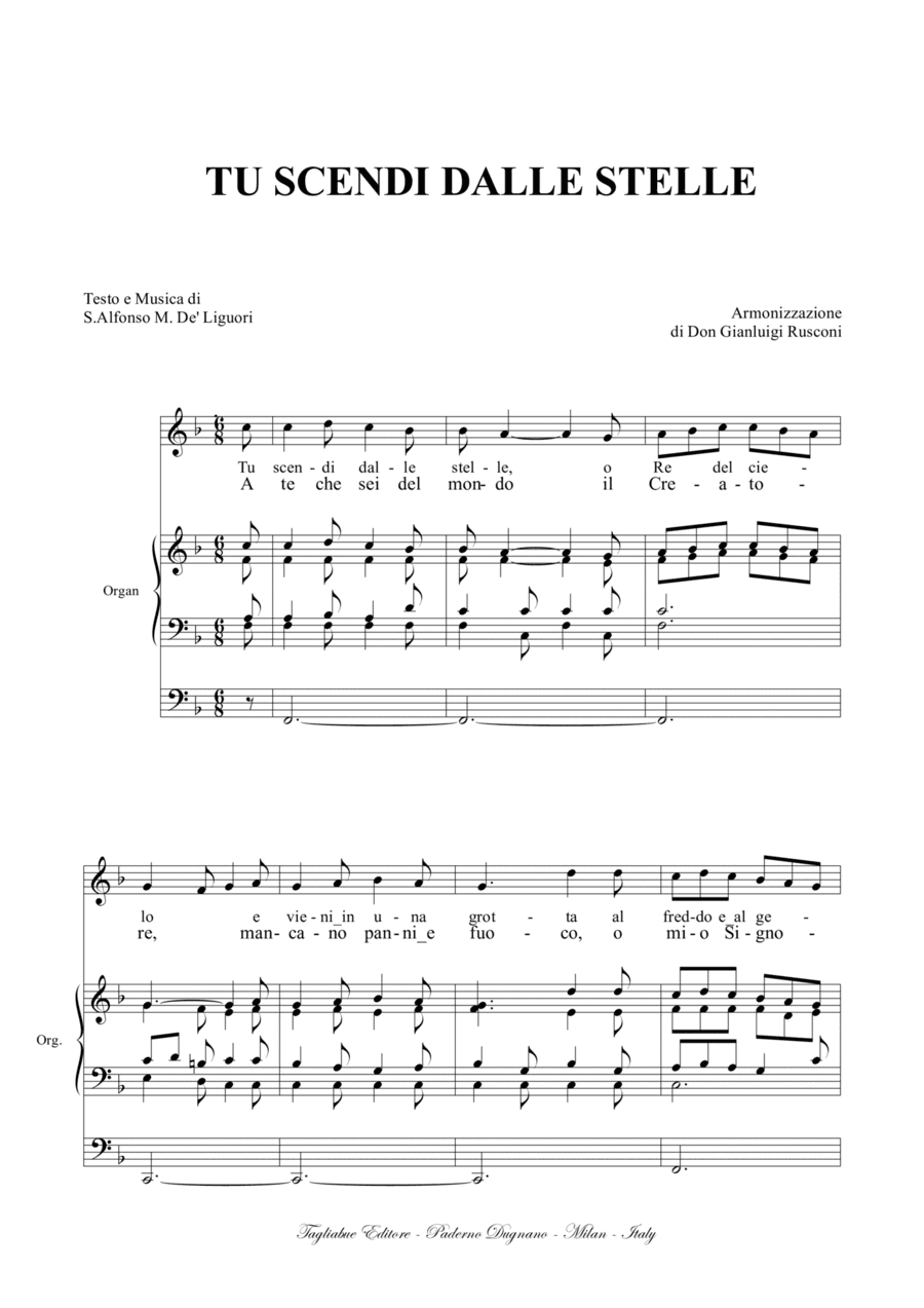 TU SCENDI DALLE STELLE - Arr. for Voice and Organ 3 staff (arr. Renato Tagliabue)