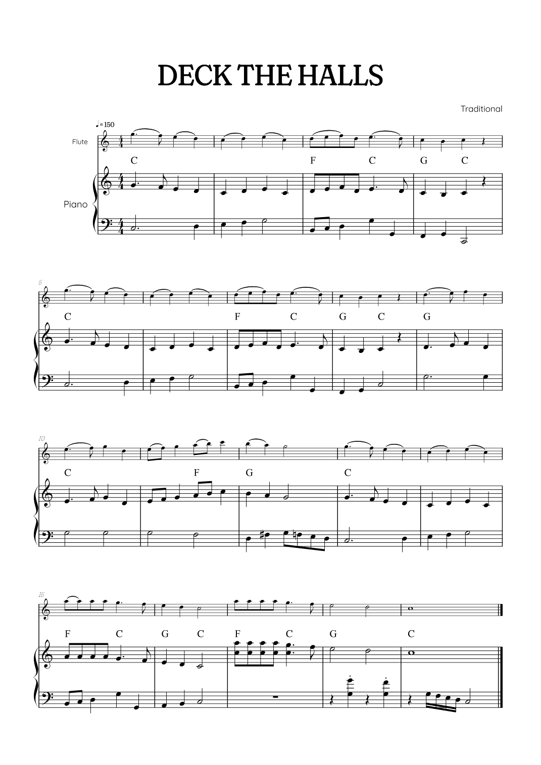 Deck the Halls for flute with piano accompaniment • easy Christmas song sheet music with chords (arr. Benzaiten Editions)