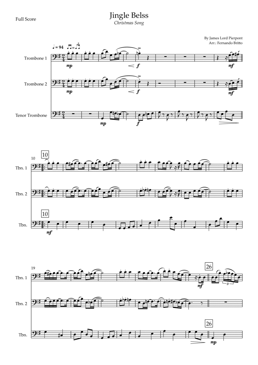 Jingle Bells - Jazz Version (Christmas Song) for Trombone Trio (arr. Fernando Britto)